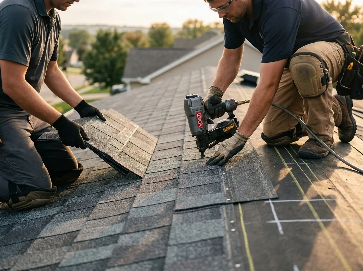 Professional roofer working on a residential roof in Aiken